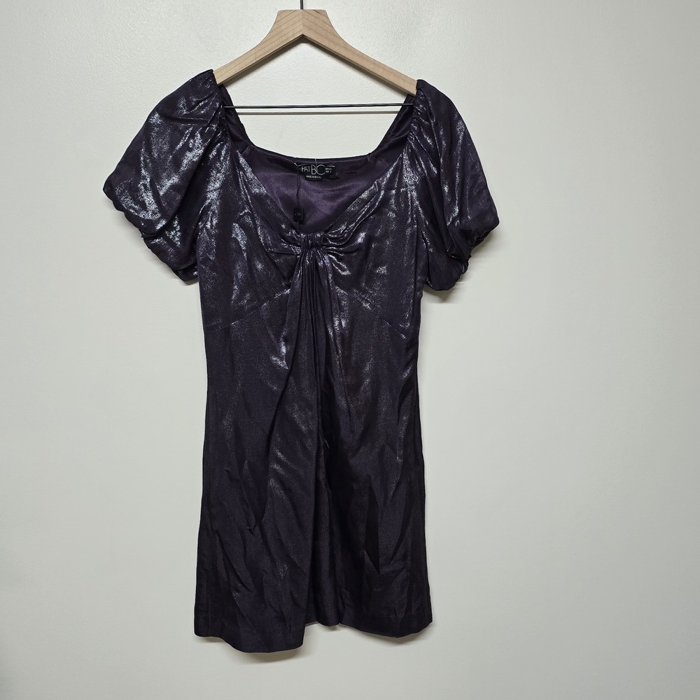PatBO Purple Metallic Ruched Mini Dress Size 2 Shimmer Puff Sleeve‎ Whimsy Goth